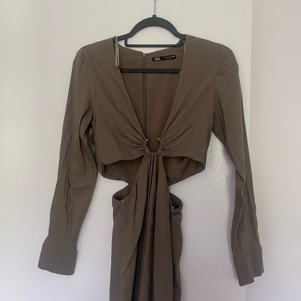 Zara Khaki Tie-Front Blouse